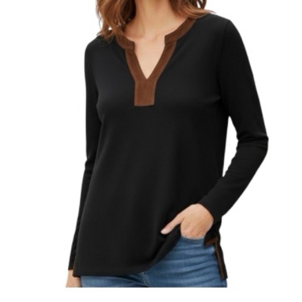 Lauren RALPH LAUREN Black Top w/Brown Suede V-Neck Tunic sz: L